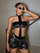 Y2k Black Sexy Cross-Shaped Matte Leather Women Bodysuit Halloween Top